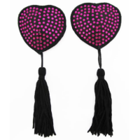 NIP002A Love In Leather Heart Shape Nipple Tassels With Rhinestones- Hot Pink